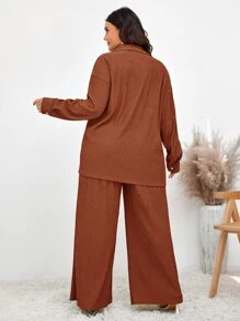 SHEIN Essnce 大碼落肩袖襯衫和闊腿褲 - 鏽棕色 - 查看 4