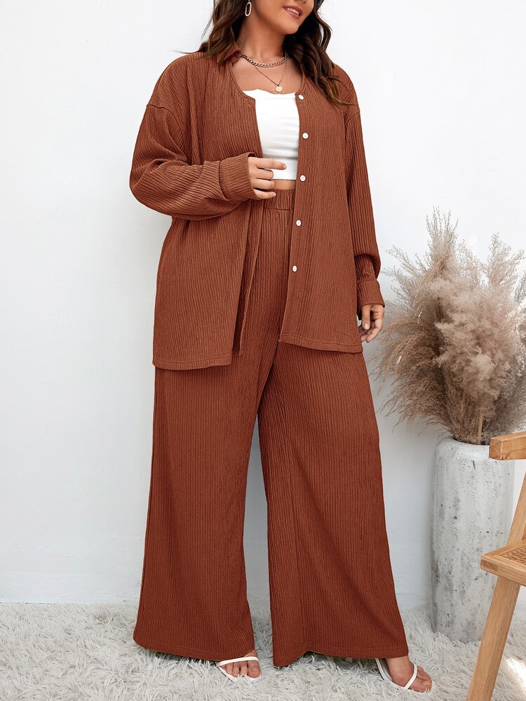 SHEIN Essnce 大碼落肩袖襯衫和闊腿褲 - 鏽棕色 - 查看 1