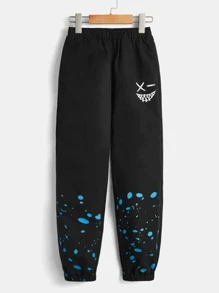 SHEIN 男孩表情圖案彈性腰帶長褲 - 黑色 - 查看 1