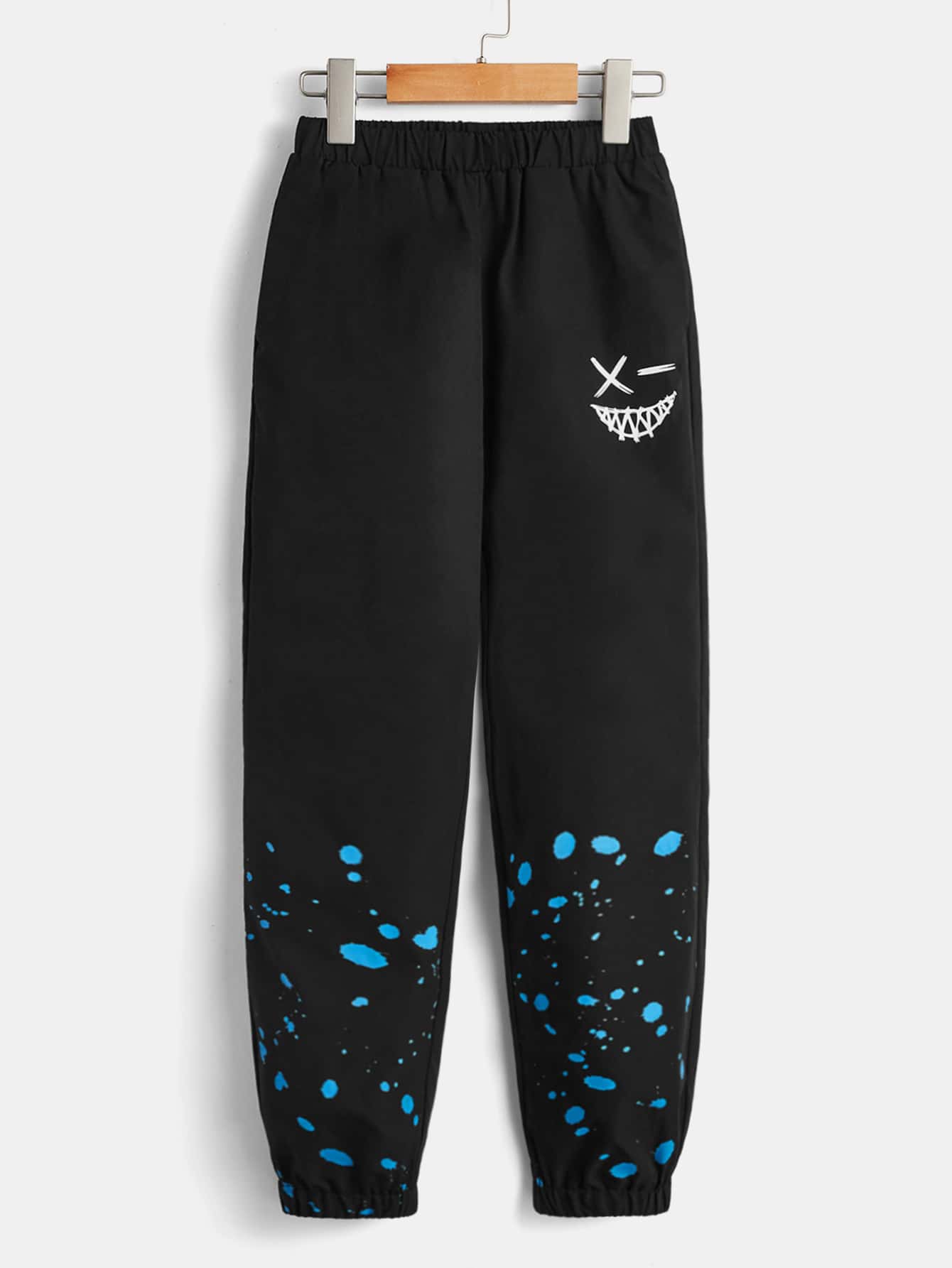 SHEIN 男孩表情圖案彈性腰帶長褲 - 黑色 - 查看 1