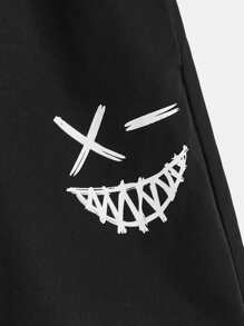 SHEIN 男孩表情圖案彈性腰帶長褲 - 黑色 - 查看 3