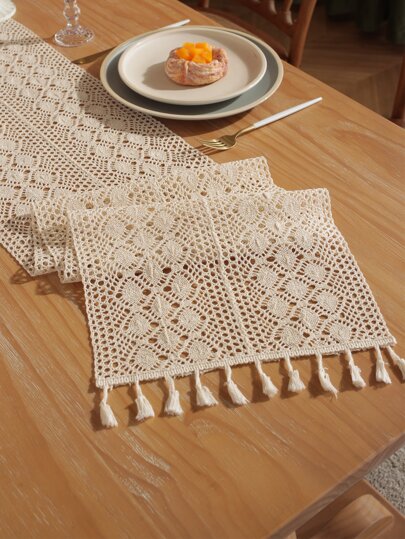 1 adet Püskül Dekor Masa Koşucu Oymak, Vintage Boho Dokuma Püskül Masa Koşucu