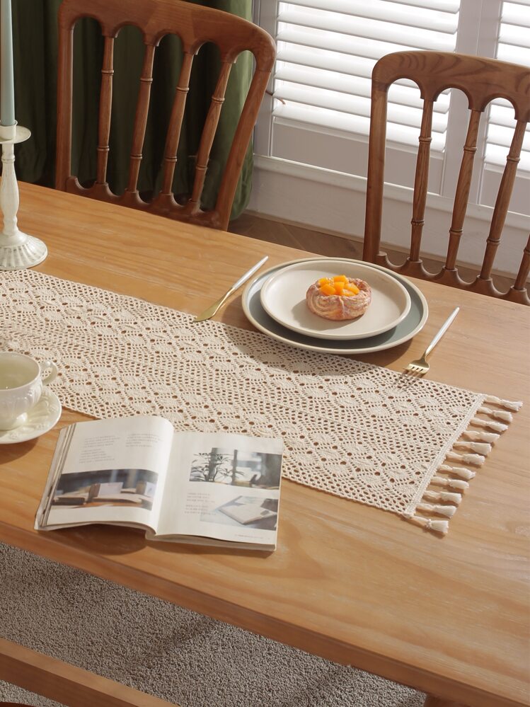 Cirelle 1 件经典钩针蕾丝流苏装饰桌布、桌旗、餐垫、搁板罩、多种尺寸、Rama 厨房必需品、新年、圣诞派对、家庭用餐、高端餐厅用品、乔迁礼物、夏季家居装饰 - 米色 - 查看 7