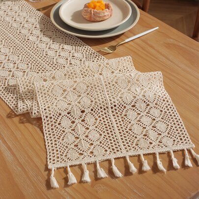 1pc Classic  Crochet Lace Tassel Decoration Tablecloth, Table Runner, Placemats, Shelf Cover, Multi-Size