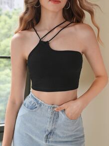 SHEIN MOD Top corto de cuello asimétrico unicolor - Negro - Ver 2