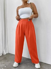 Flirla Plus High Waist Plicated Detail Trousers - Orange - View 5
