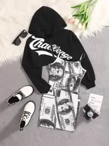 SHEIN Tween Girl Letter Graphic Crop Sweatshirt & Dollar Print Cami Dress Set - Black and White - View 1