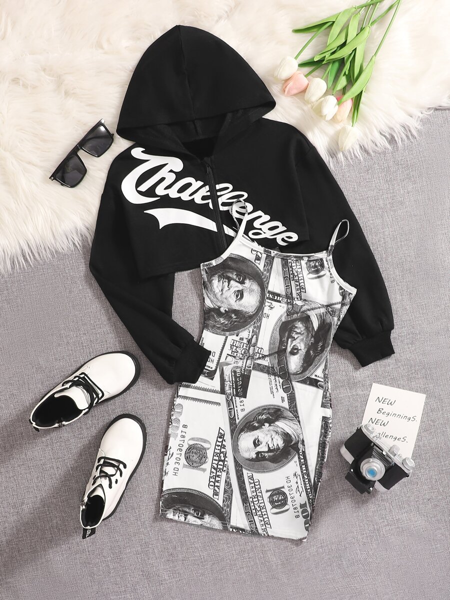 SHEIN Tween Girl Letter Graphic Crop Sweatshirt & Dollar Print Cami Dress Set - Black and White - View 1