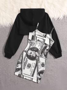 SHEIN Tween Girl Letter Graphic Crop Sweatshirt & Dollar Print Cami Dress Set - Black and White - View 2