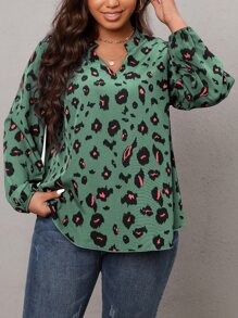 SHEIN LUNE Plus Allover Print Lantern Sleeve Blouse - Mint Green - View 1