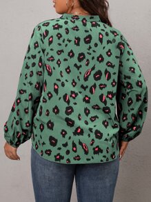 SHEIN LUNE Plus Allover Print Lantern Sleeve Blouse - Mint Green - View 2