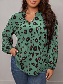 SHEIN LUNE Plus Allover Print Lantern Sleeve Blouse - Mint Green - View 3