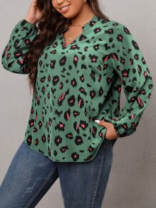 SHEIN LUNE Plus Allover Print Lantern Sleeve Blouse - Mint Green - View 5