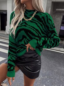 SHEIN Unity Zebra Stripe Drop Shoulder Jumper - Dark Green - View 1