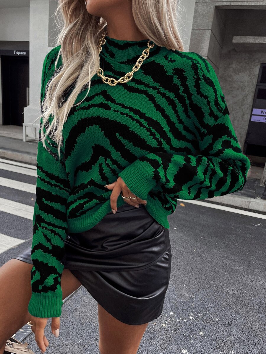 SHEIN Unity Zebra Stripe Drop Shoulder Jumper - Dark Green - View 1