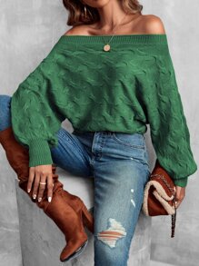 SHEIN LUNE Jersey de hombros descubiertos de manga murciélago con textura - Verde - Ver 3