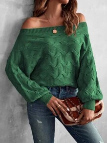 SHEIN LUNE Jersey de hombros descubiertos de manga murciélago con textura - Verde - Ver 4