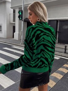 SHEIN Unity Zebra Stripe Drop Shoulder Jumper - Dark Green - View 2