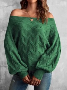 SHEIN LUNE Jersey de hombros descubiertos de manga murciélago con textura - Verde - Ver 7