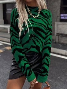 SHEIN Unity Zebra Stripe Drop Shoulder Jumper - Dark Green - View 4