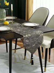 圖形圖案流蘇裝飾長方桌布 - 灰色 - 查看 1