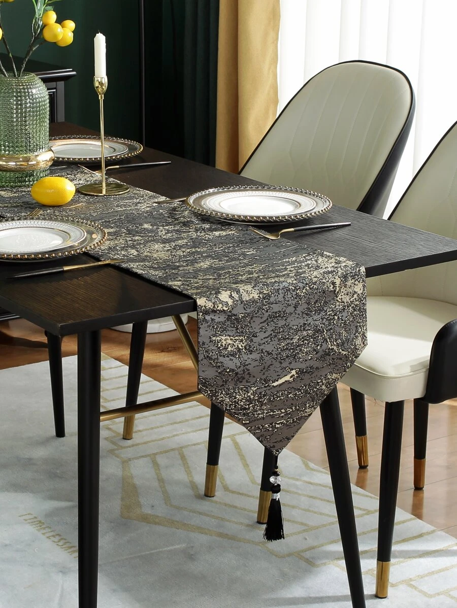 圖形圖案流蘇裝飾長方桌布 - 灰色 - 查看 1