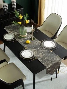 圖形圖案流蘇裝飾長方桌布 - 灰色 - 查看 3