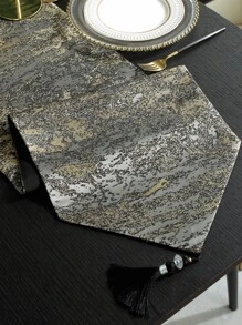 圖形圖案流蘇裝飾長方桌布 - 灰色 - 查看 4