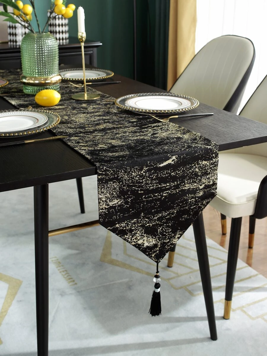 Graphic Pattern Tassel Decor Table Runner - Black - View 1