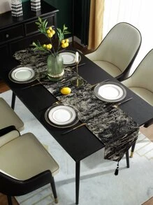 Graphic Pattern Tassel Decor Table Runner - Black - View 3