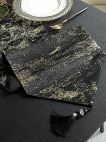 Graphic Pattern Tassel Decor Table Runner - Black - View 4