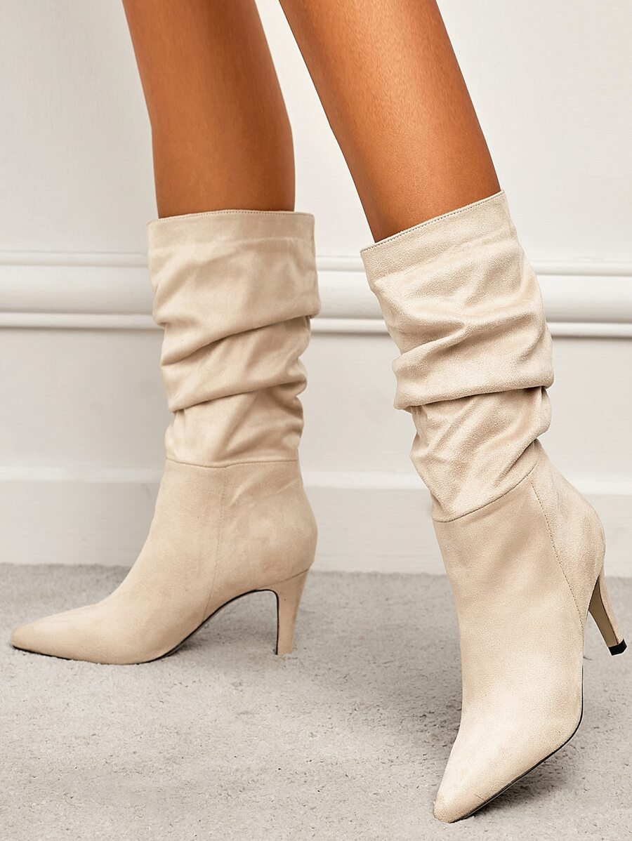 Women's Pointed Toe Stiletto Heel Suede Slip-On Beige Boots, Autumn And Winter, Wrinkled And Wide Cylinder Style,Kitten Heel Boots,Party - Beige - View 1