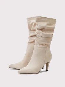 Women's Pointed Toe Stiletto Heel Suede Slip-On Beige Boots, Autumn And Winter, Wrinkled And Wide Cylinder Style,Kitten Heel Boots,Party - Beige - View 2