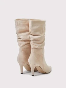 Women's Pointed Toe Stiletto Heel Suede Slip-On Beige Boots, Autumn And Winter, Wrinkled And Wide Cylinder Style,Kitten Heel Boots,Party - Beige - View 3