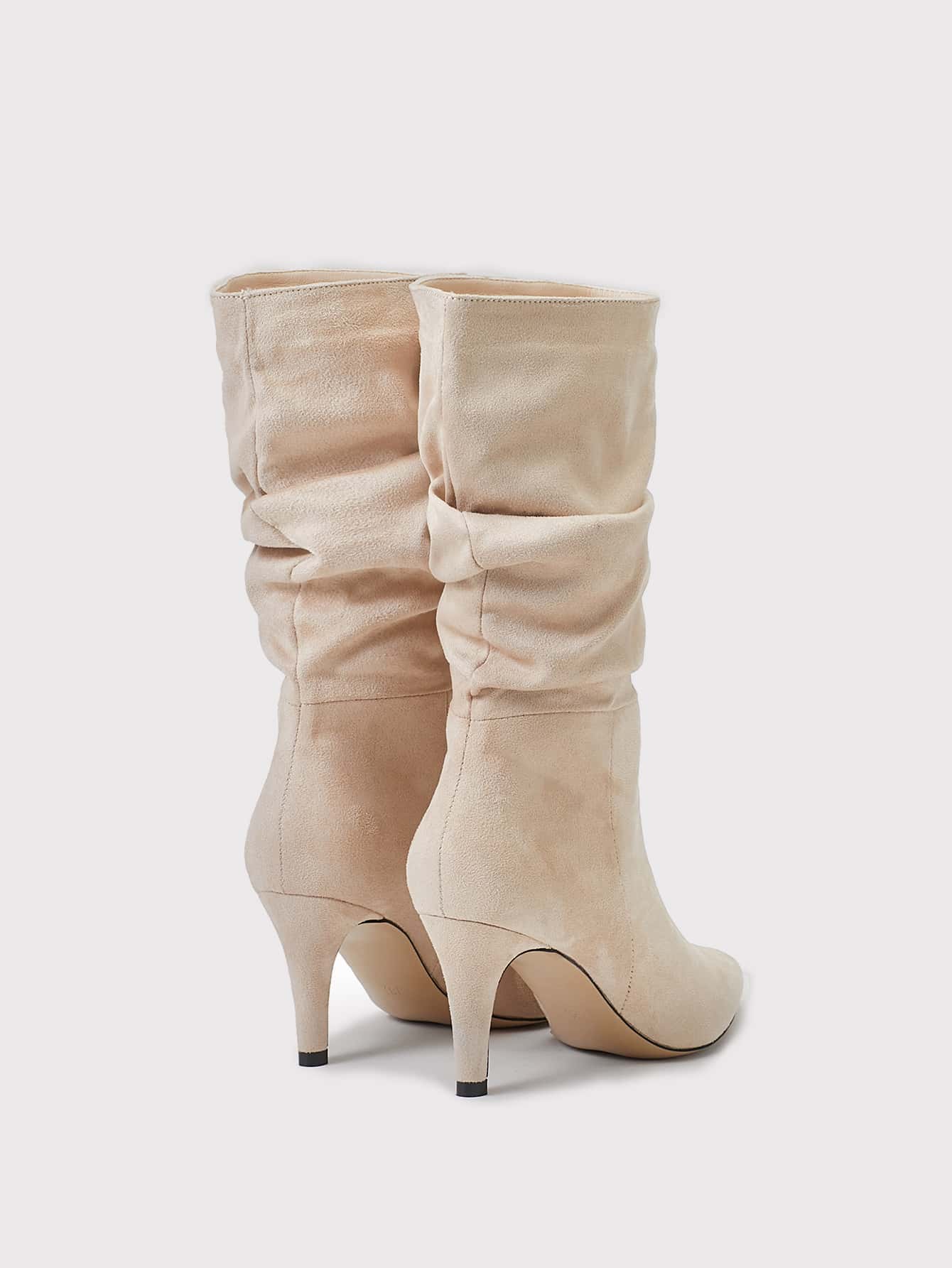 Women's Pointed Toe Stiletto Heel Suede Slip-On Beige Boots, Autumn And Winter, Wrinkled And Wide Cylinder Style,Kitten Heel Boots,Party - Beige - View 3