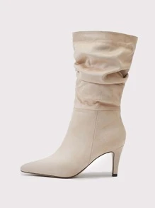 Women's Pointed Toe Stiletto Heel Suede Slip-On Beige Boots, Autumn And Winter, Wrinkled And Wide Cylinder Style,Kitten Heel Boots,Party - Beige - View 4