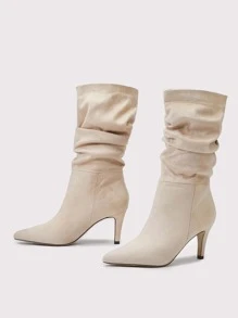 Women's Pointed Toe Stiletto Heel Suede Slip-On Beige Boots, Autumn And Winter, Wrinkled And Wide Cylinder Style,Kitten Heel Boots,Party - Beige - View 5