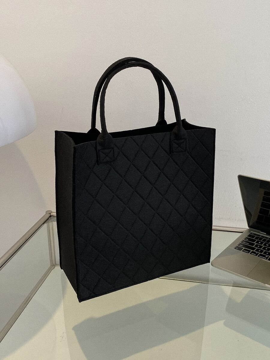 衍縫毛氈手提托特包 - 黑色 - 查看 1