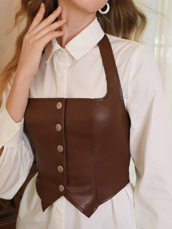 SHEIN MOD Button Front Halter Brown Leather Asymmetrical Hem Butterfly Top