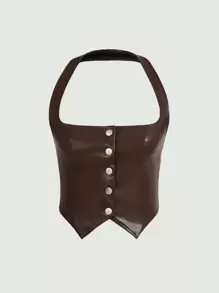 SHEIN MOD Button Front Halter Brown Leather Asymmetrical Hem Butterfly Top - Coffee Brown - View 2