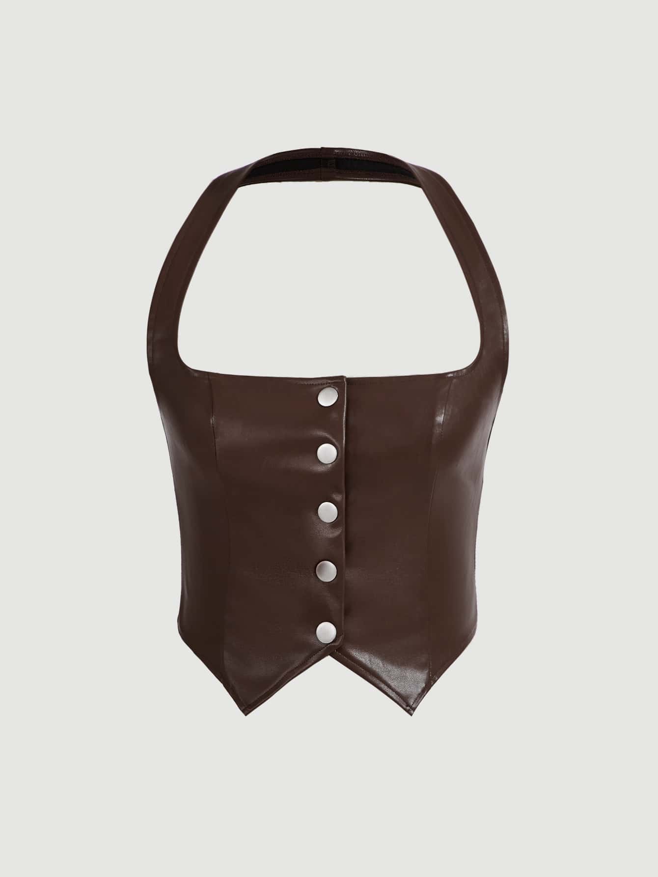 SHEIN MOD Button Front Halter Brown Leather Asymmetrical Hem Butterfly Top - Coffee Brown - View 2