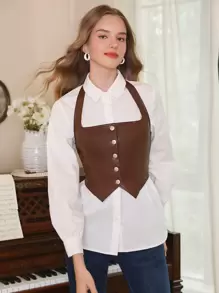 SHEIN MOD Button Front Halter Brown Leather Asymmetrical Hem Butterfly Top - Coffee Brown - View 3