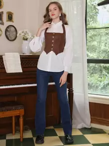 SHEIN MOD Button Front Halter Brown Leather Asymmetrical Hem Butterfly Top - Coffee Brown - View 5