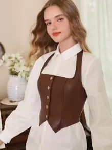 SHEIN MOD Button Front Halter Brown Leather Asymmetrical Hem Butterfly Top - Coffee Brown - View 6