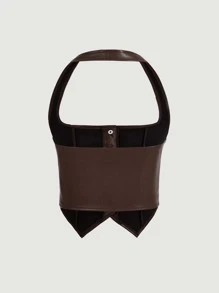 SHEIN MOD Button Front Halter Brown Leather Asymmetrical Hem Butterfly Top - Coffee Brown - View 8