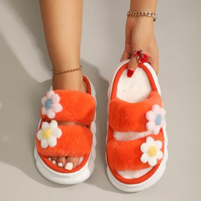 Flower Decor Fluffy Novelty Slippers