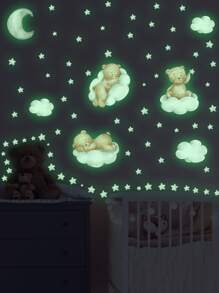 4入組夜光卡通小熊和雲朵圖案牆貼 - 彩色 - 查看 1