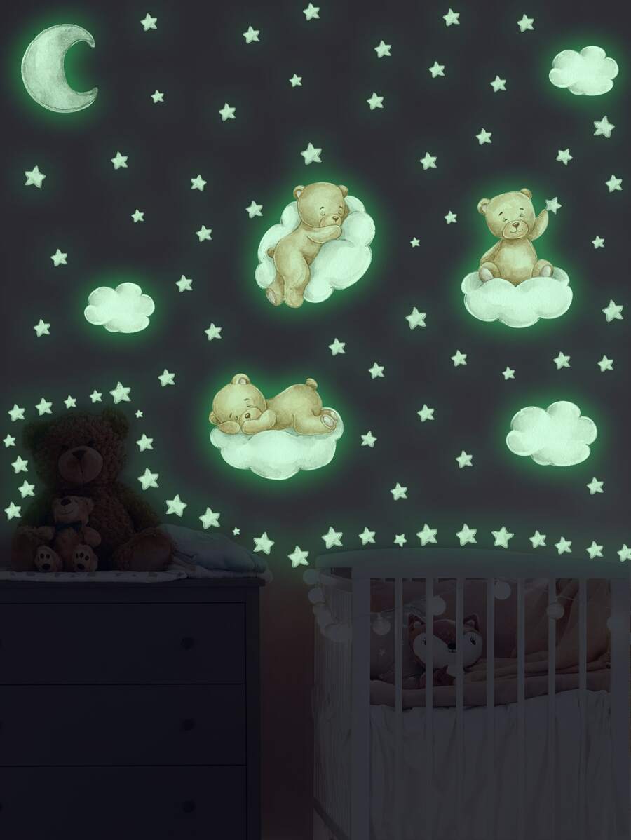 4入組夜光卡通小熊和雲朵圖案牆貼 - 彩色 - 查看 1