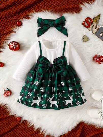 Baby Girl 2 In 1 Gingham & Christmas Print Bow Front Dress With Headband