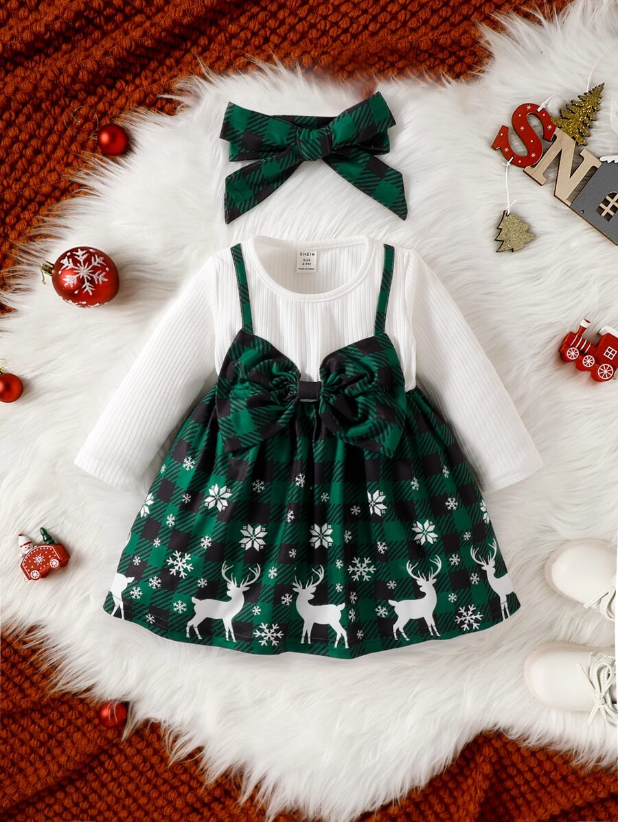 Baby Girl 2 In 1 Gingham & Christmas Print Bow Front Dress With Headband - Multicolor - View 1